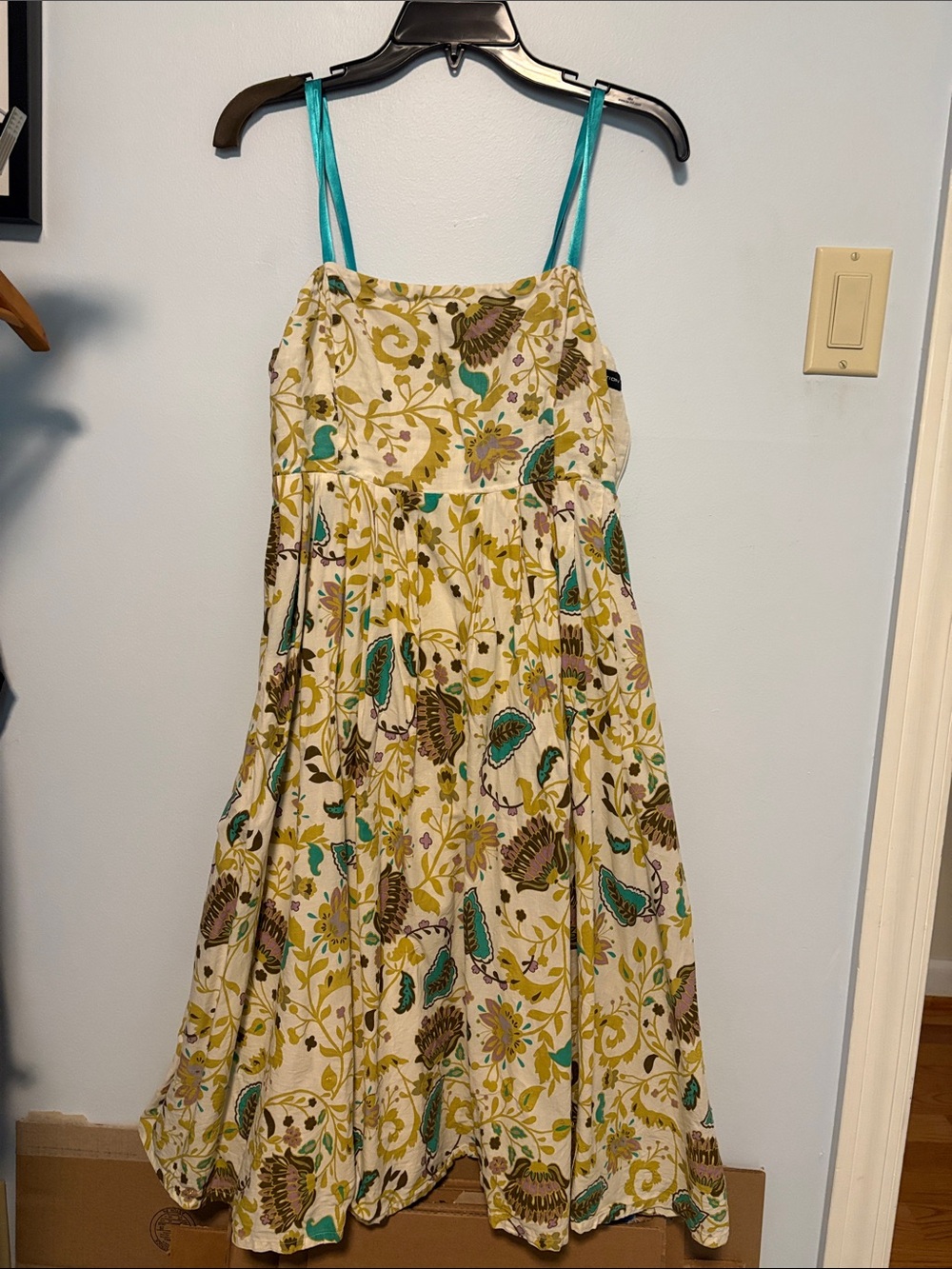 French Connection Cream Floral Sundress with Teal Straps and Olive Accents
